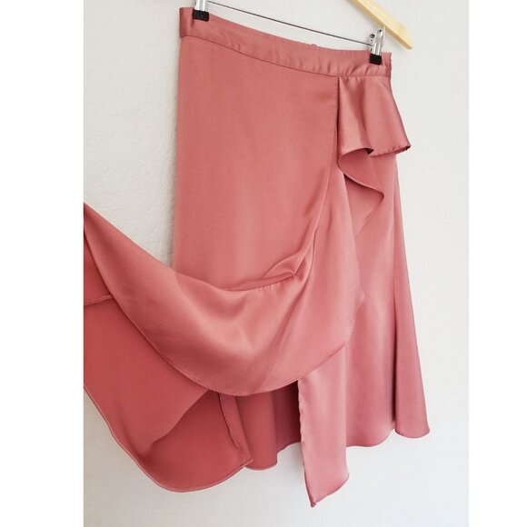 Zara Sateen Silk Satin Asymmetric Ruffle Midi Skirt Mauve Pink Size M Romantic - Picture 9 of 15